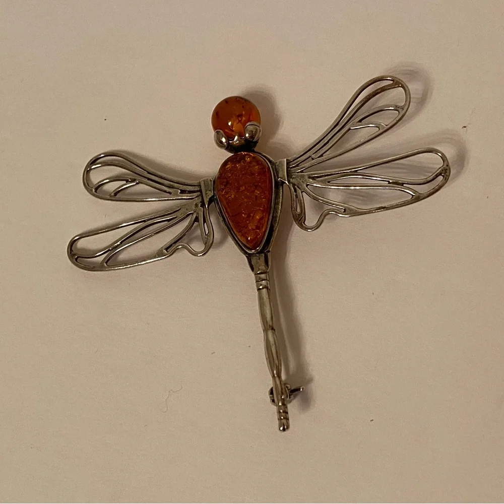 BROOCH PIN AMBER STERLING SILVER 925 DRAGONFLY 8.4 g